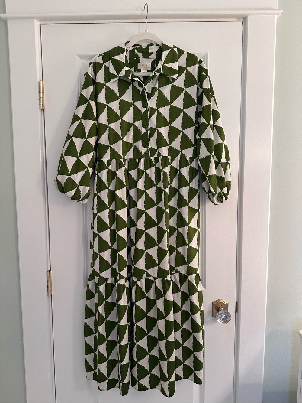 Maeve by Anthropologie Bettina Green & White Geometric Tiered Midi Dress L